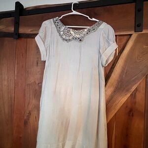 BCBG MaxAzria light grey dress w/ neck appliqué.